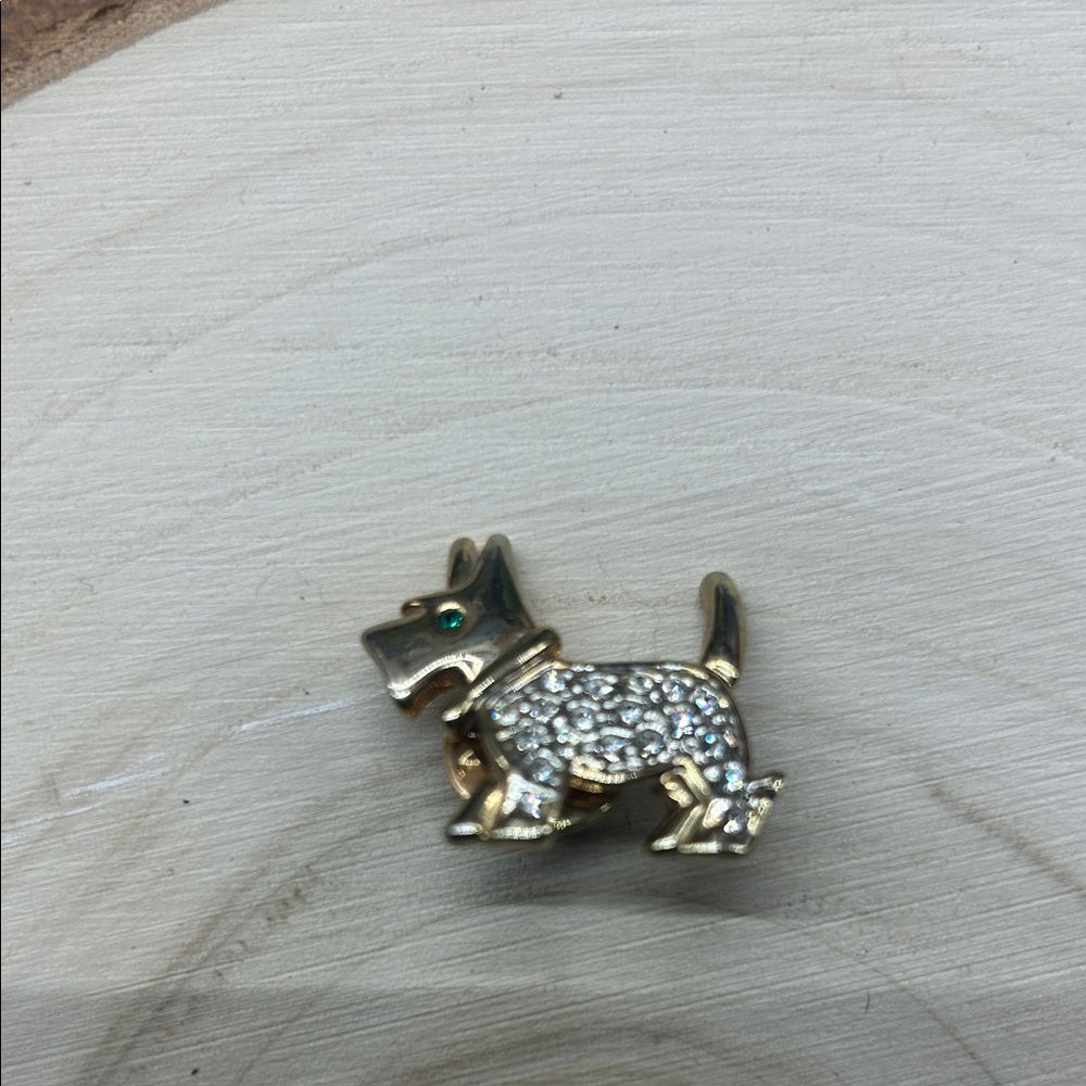 Chic Gold and Silver Dog Brooch with Green Detail